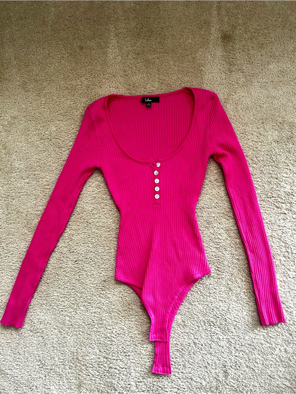 Lulus Hot Pink Ribbed Long Sleeve Henley Bodysuit Size S